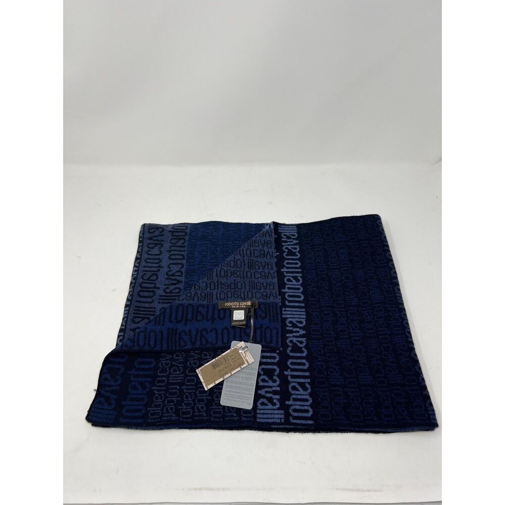 Roberto Cavalli Cravatte S90 Blue Scarf Logomania Spellout NWT